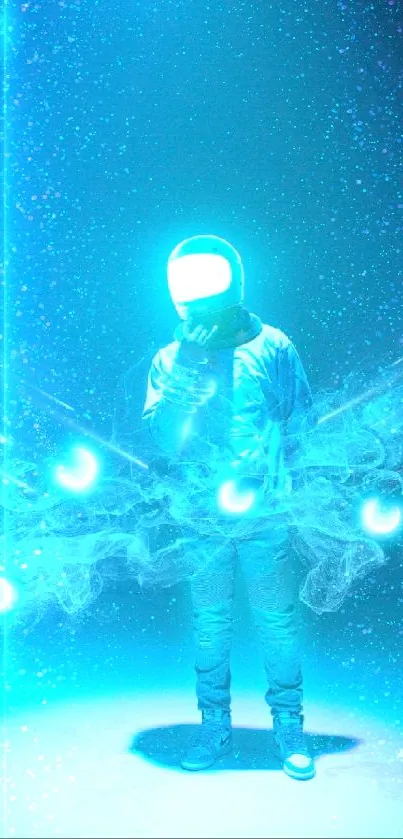 Futuristic astronaut in neon cyan light with ethereal smoke design.