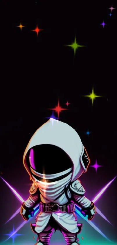 A futuristic neon astronaut themed mobile wallpaper on a dark background.