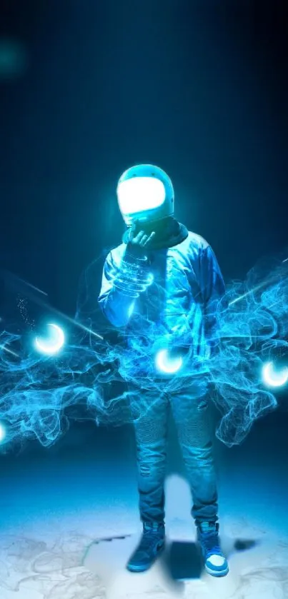 Neon astronaut with glowing blue effects on dark background.