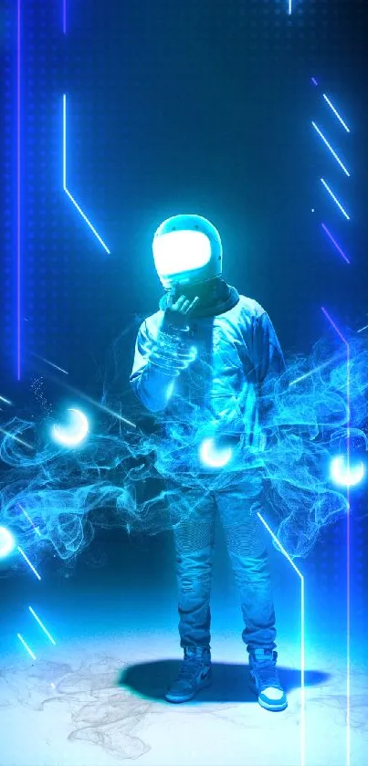 Futuristic neon astronaut with blue glow.