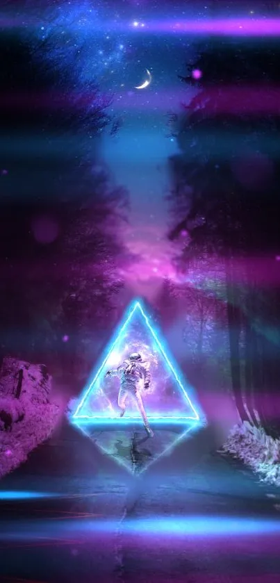 Futuristic neon astronaut in a cosmic forest with glowing triangle portal.