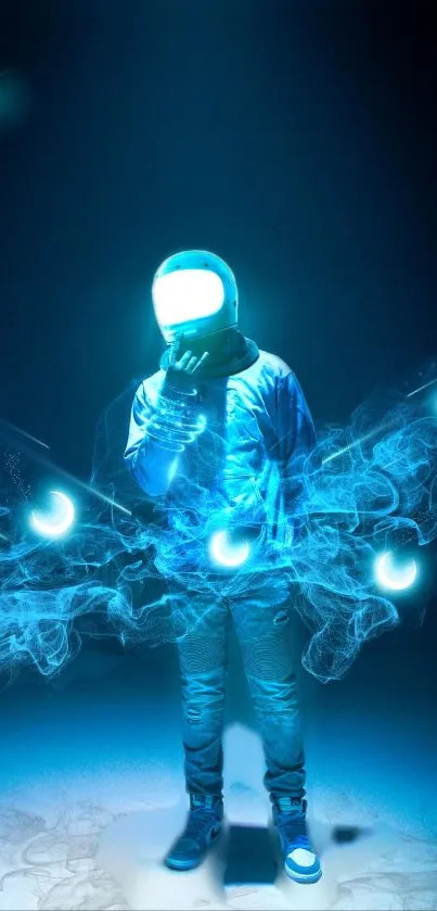 Neon-lit astronaut surrounded by glowing orbs on a blue background.