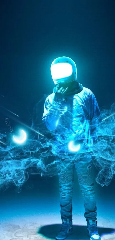 Neon astronaut with blue glowing energy waves in a dark setting.