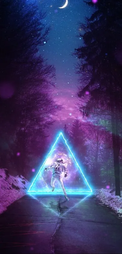 Astronaut in neon triangle with cosmic backdrop on mobile wallpaper.