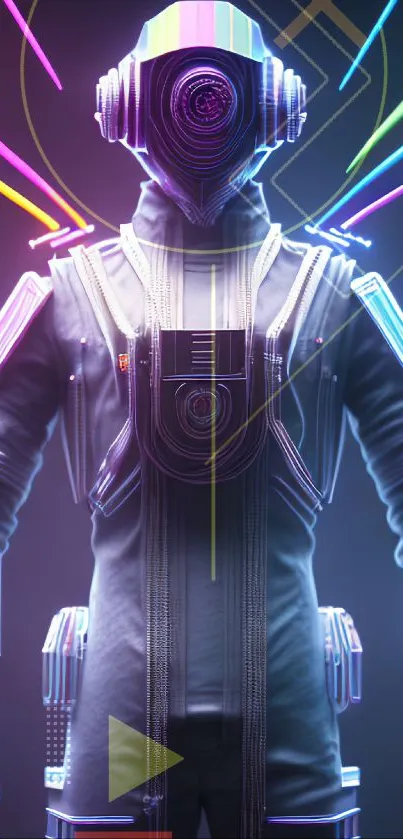 Futuristic astronaut with neon lights and vibrant colors on a dark background.