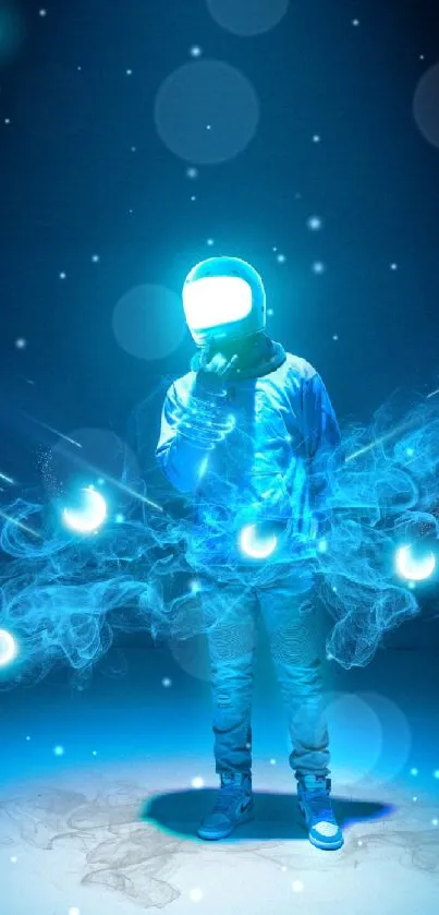 Neon-lit astronaut with glowing light effects on a dark background wallpaper.