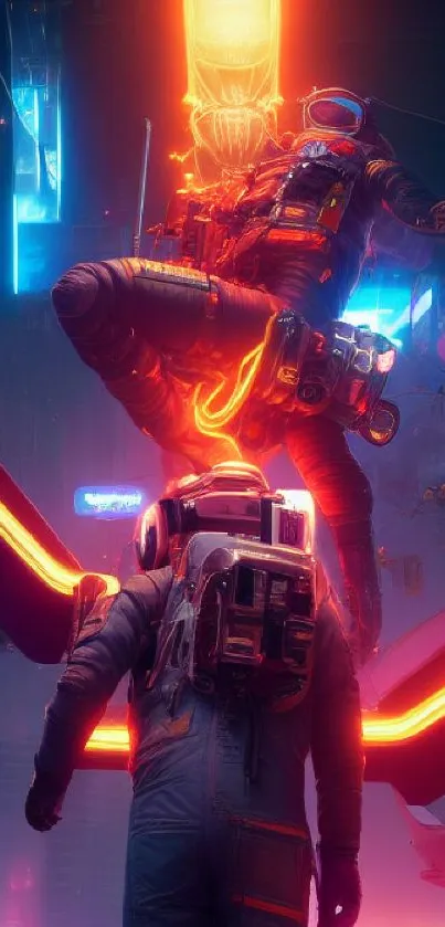 Futuristic neon wallpaper featuring astronauts in vibrant cityscape.