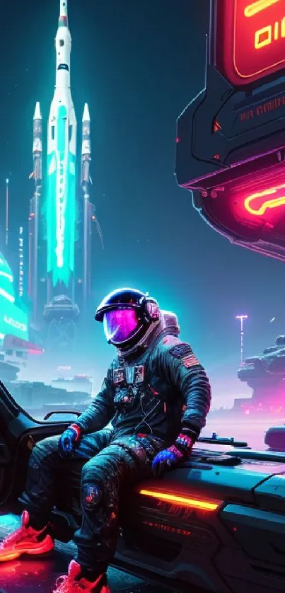 Vibrant neon astronaut with rocket in cyberpunk city.