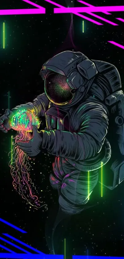 Neon astronaut in space with futuristic design