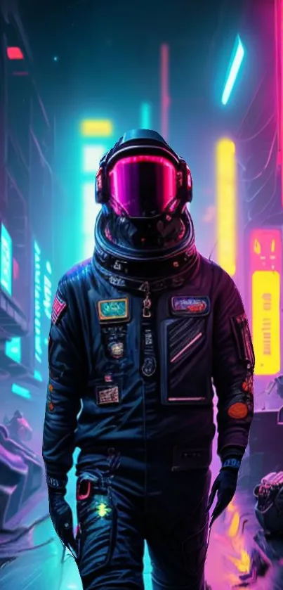 A futuristic astronaut in a vibrant neon-lit city street.