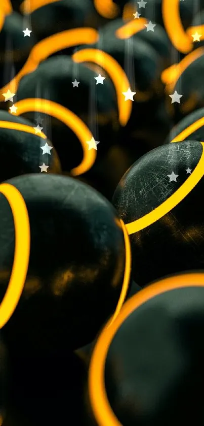 Futuristic balls with neon orange glow in a dark setting.