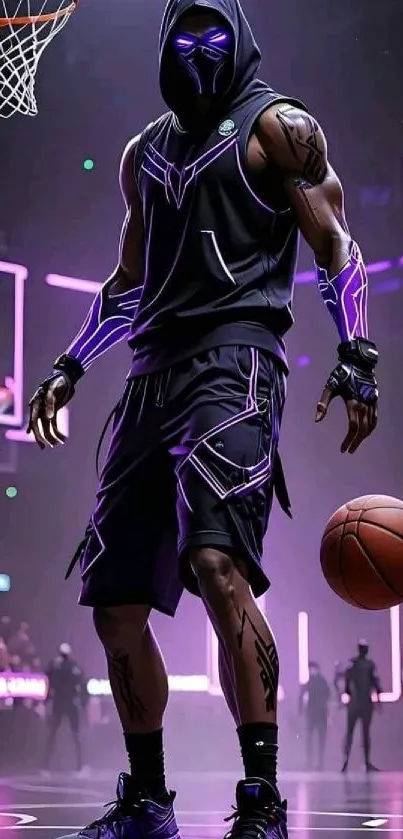 Neon-lit futuristic basketball player in dynamic pose with purple accents.