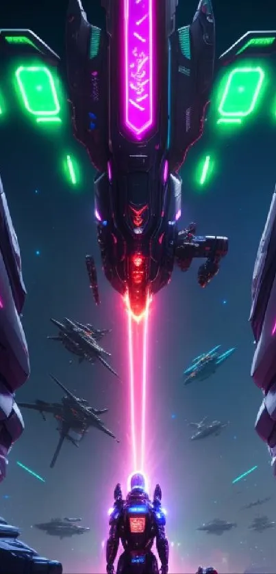 Futuristic neon battle scene with ships and armored figures in space.