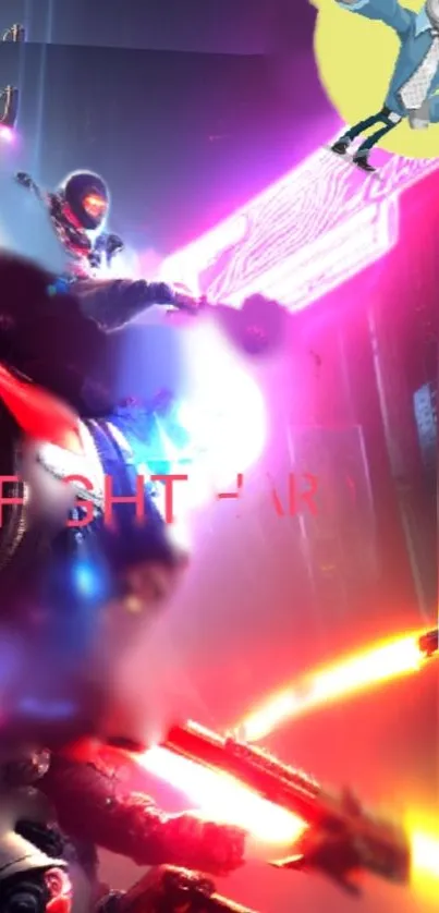 Futuristic neon battle scene with vibrant colors and action elements.
