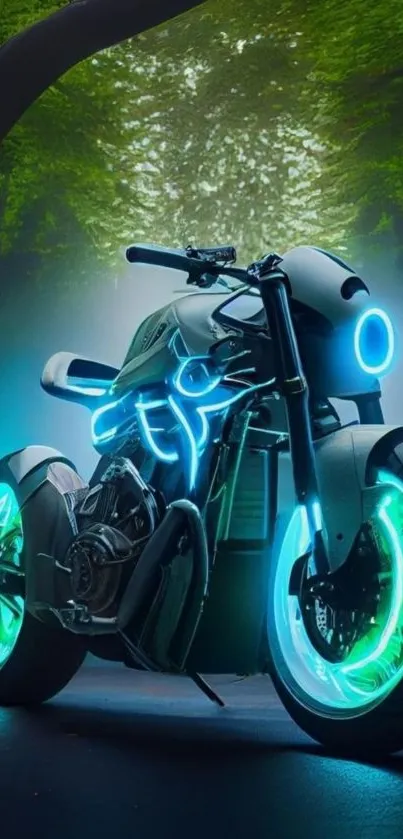 Futuristic neon motorcycle with glowing wheels and vibrant design.