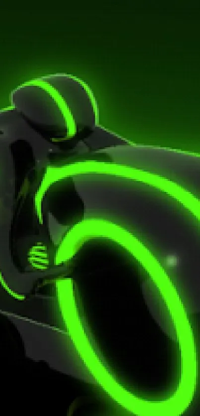 Futuristic neon motorcycle with glowing green accents in a dark setting.