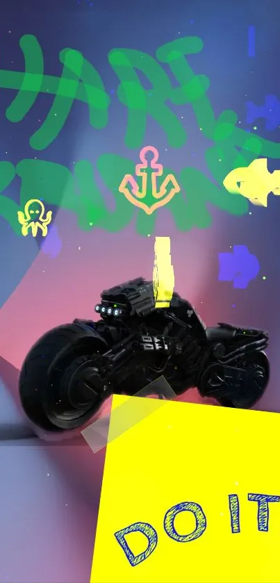 Futuristic bike with neon graffiti design on dark background.