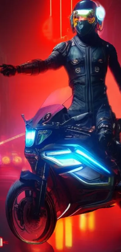 Neon-lit biker in a futuristic city setting, vibrant and tech-inspired design.