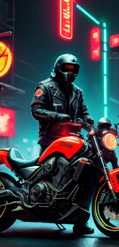 Futuristic urban biker in neon lights on a city street at night.