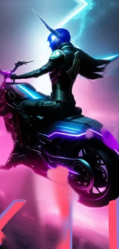 Futuristic biker silhouette in neon glow.