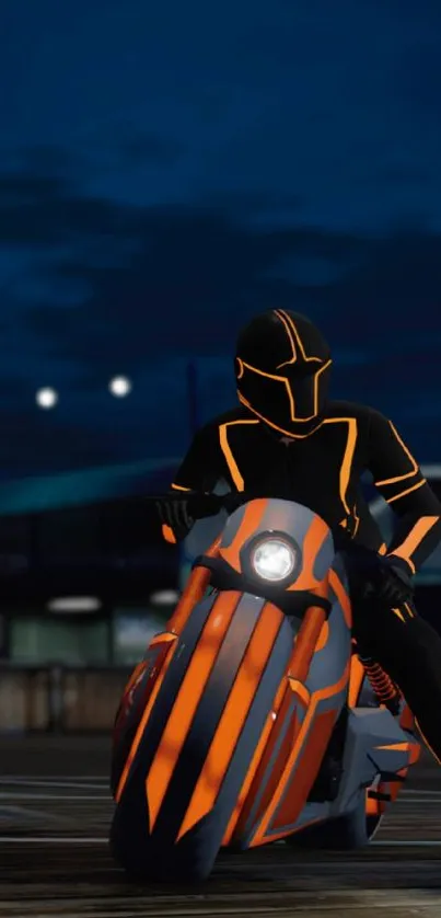 Futuristic biker with neon orange glow in a night scene wallpaper.