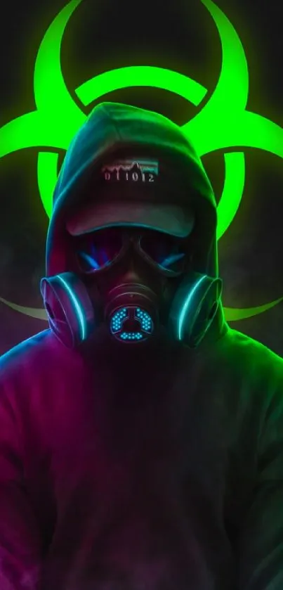 Cyberpunk wallpaper with neon biohazard symbol and masked figure in dark hoodie.