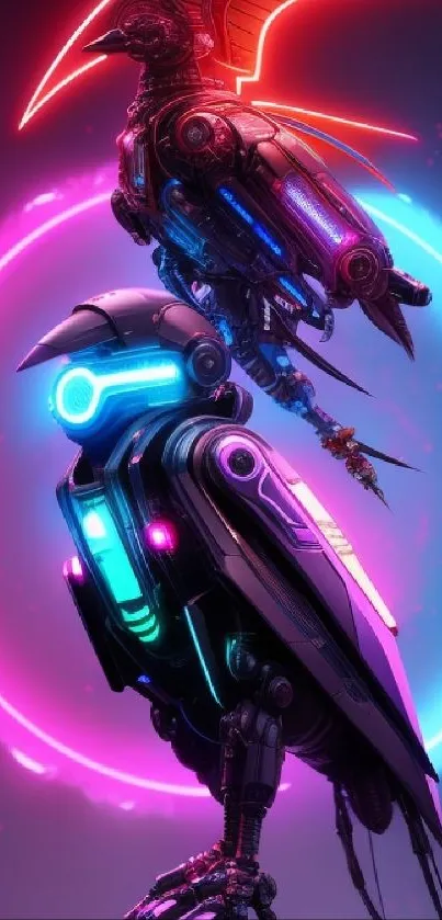 Two robotic birds with neon lights against pink and blue circles.