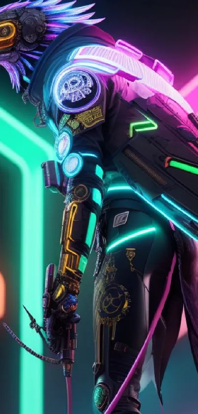 Futuristic bird warrior with neon lights.