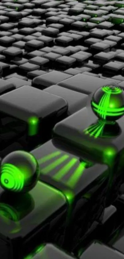 Futuristic black cubes with neon green highlights create a vibrant tech wallpaper.