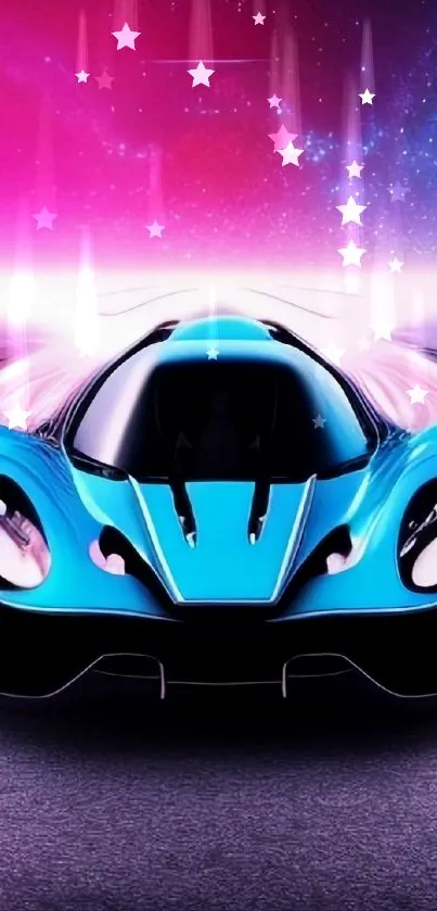 Futuristic neon blue car on a cosmic-themed wallpaper with vibrant colors.