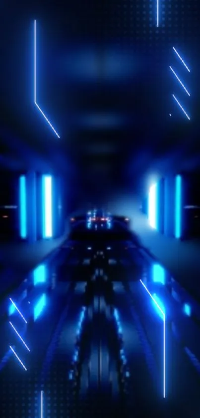 Futuristic neon blue tunnel with glowing lights.
