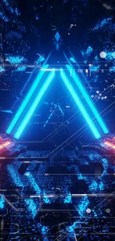 Futuristic mobile wallpaper with neon blue light and abstract tech patterns.