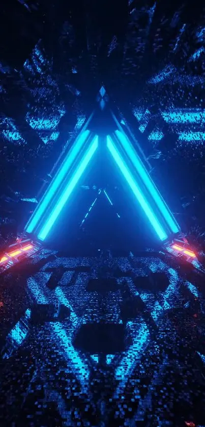 Futuristic neon blue triangle digital wallpaper with vibrant light effects.