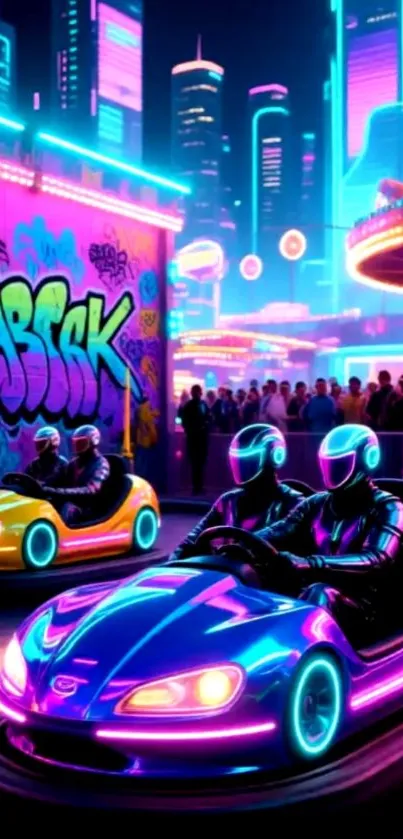 Futuristic neon bumper cars in vibrant cityscape.