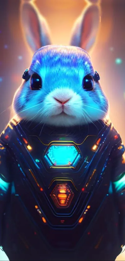 Futuristic neon bunny with cybernetic design and glowing lights.