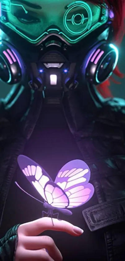 A futuristic person with neon visor holding a glowing butterfly in vibrant colors.