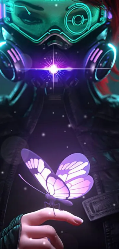 Futuristic figure wearing neon goggles with glowing butterfly.