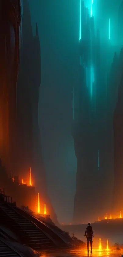 Futuristic canyon with neon glow and a lone figure standing.