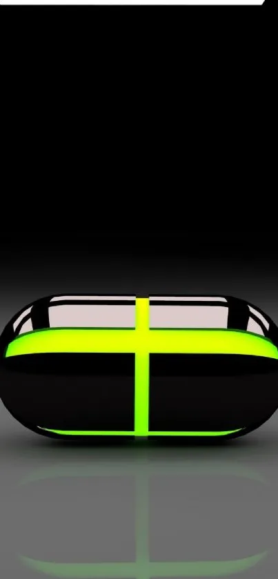 Futuristic neon capsule with glowing green lines on a black background.