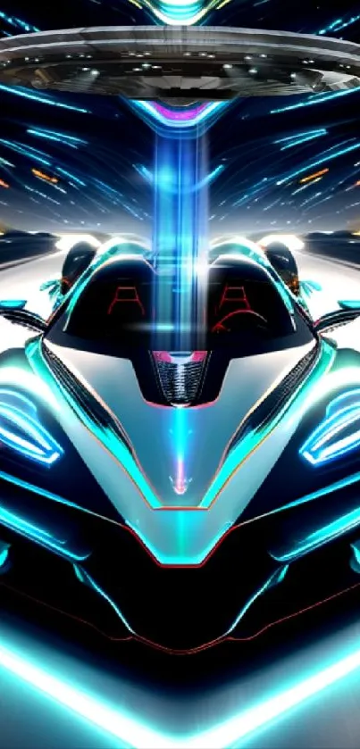 Futuristic car with neon lights and UFO hovering above in a lively design.