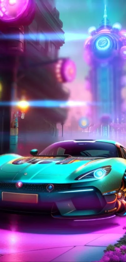 Futuristic neon sports car in a vibrant cityscape at night.