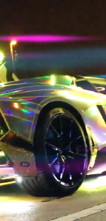 Neon-lit sports car with open doors on a night drive.