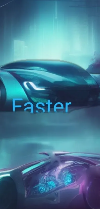 Futuristic neon car with urban backdrop and blue tones.