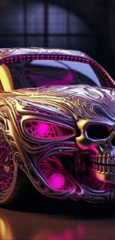 Futuristic neon car with skull design, purple hues.