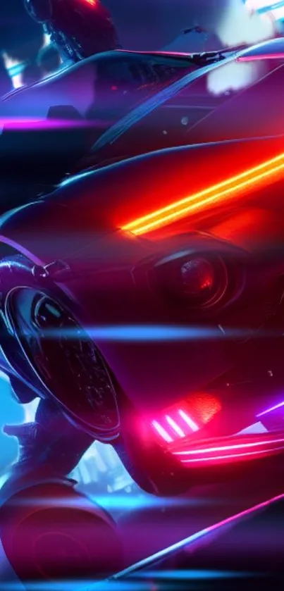 Futuristic car with neon lights in cyberpunk style.