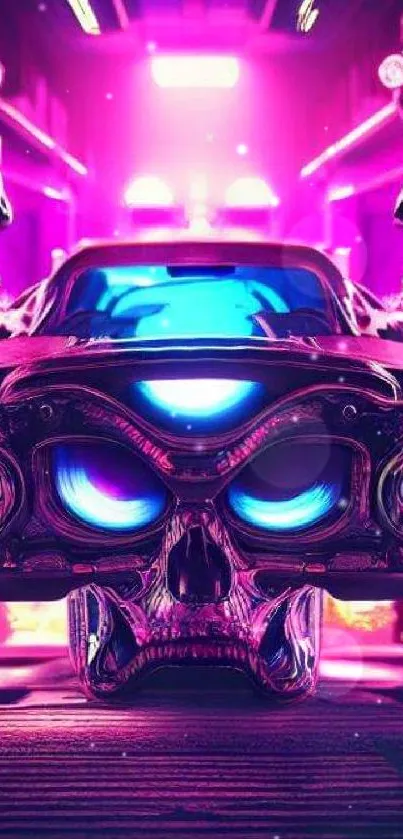 Futuristic neon car with robotic skull design.