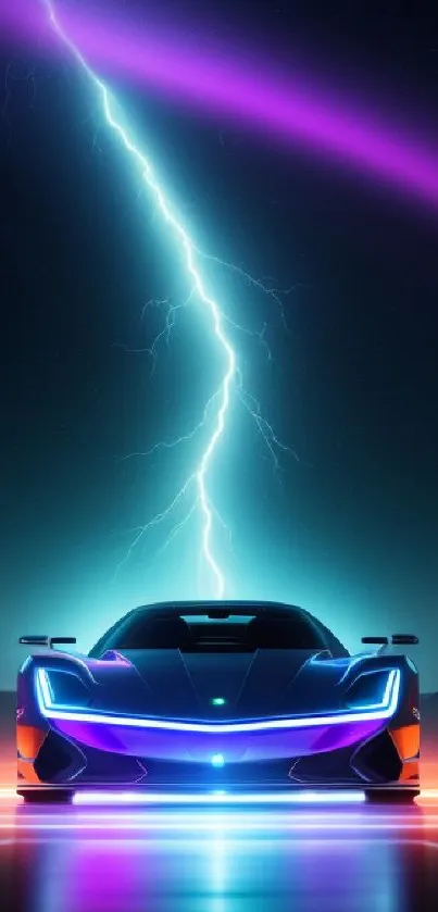 Sleek futuristic car with neon lights and dramatic lightning on a dark backdrop.