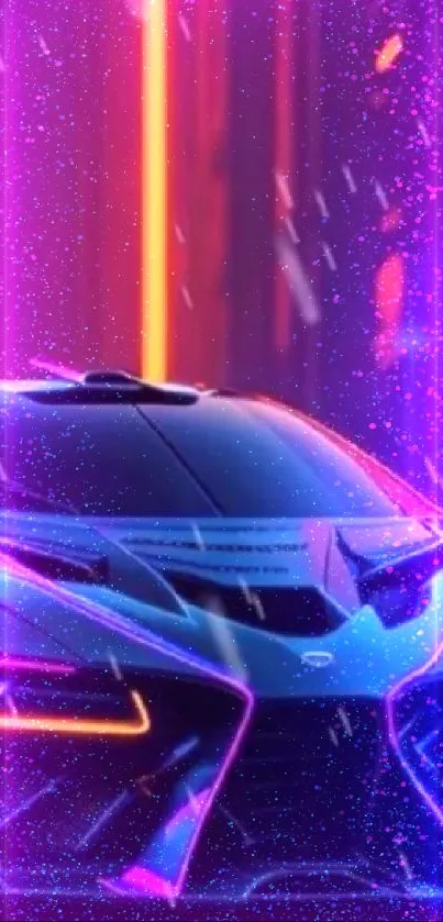 Futuristic sports car with neon lights in vivid colors at night.