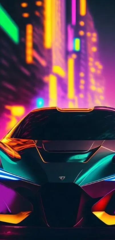 Futuristic sports car with neon lights in a cityscape background.