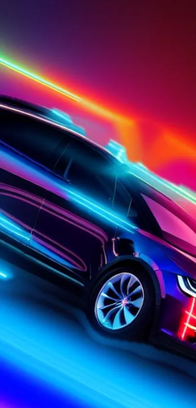 Futuristic neon car with vibrant colors and dynamic light effects.